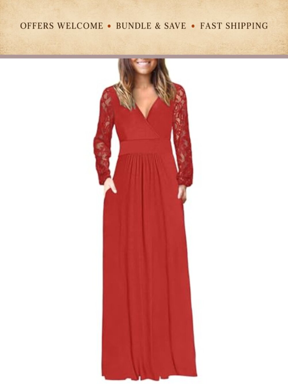 Womens Lace Sleeve V Neck Maxi Dress with Pockets A-Line Long Sleeve